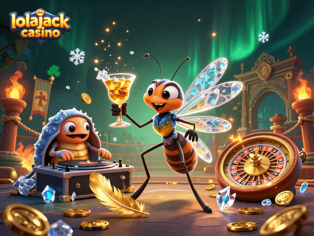Engage with lolajack casino through a vibrant 3D illustration of a unique casino scene featuring lively characters.