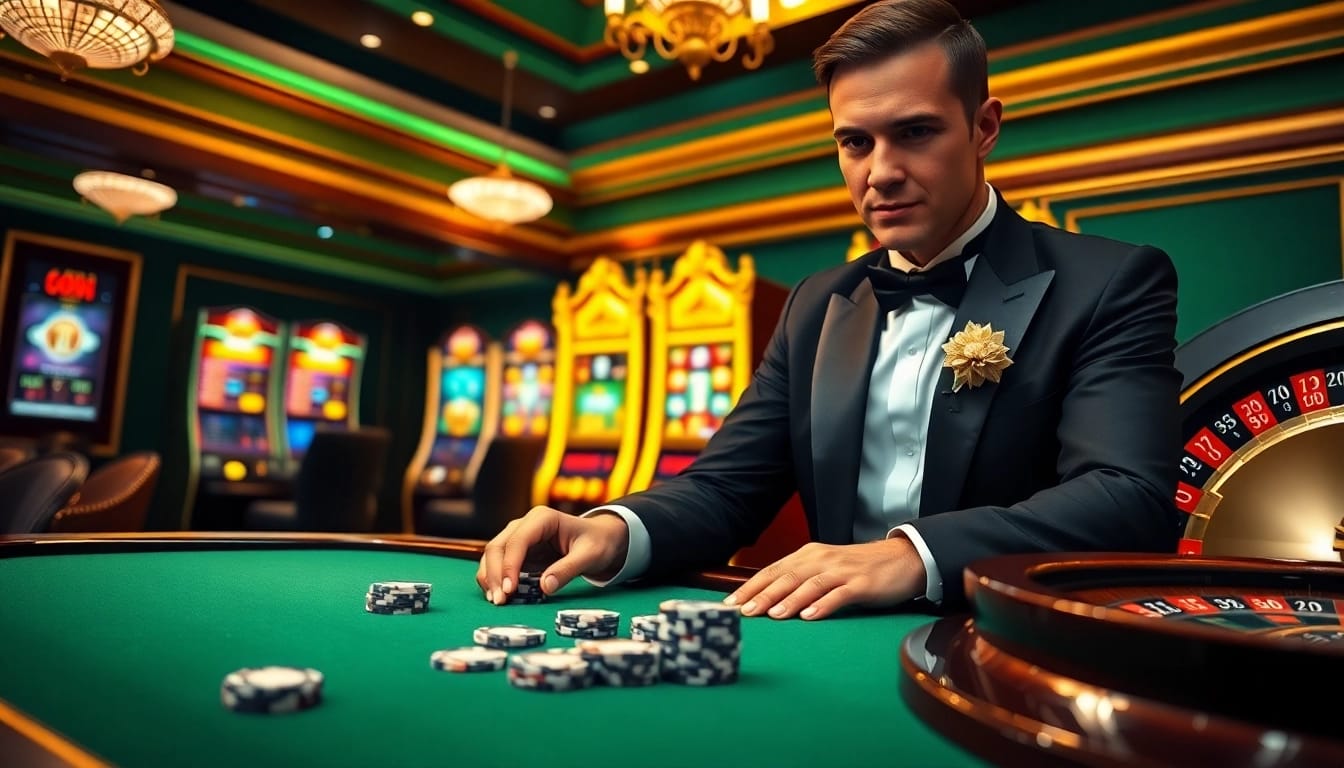 Scène de jeu en ligne engageante mettant en avant des éléments de casino en ligne français avec des jetons de poker et une roulette.