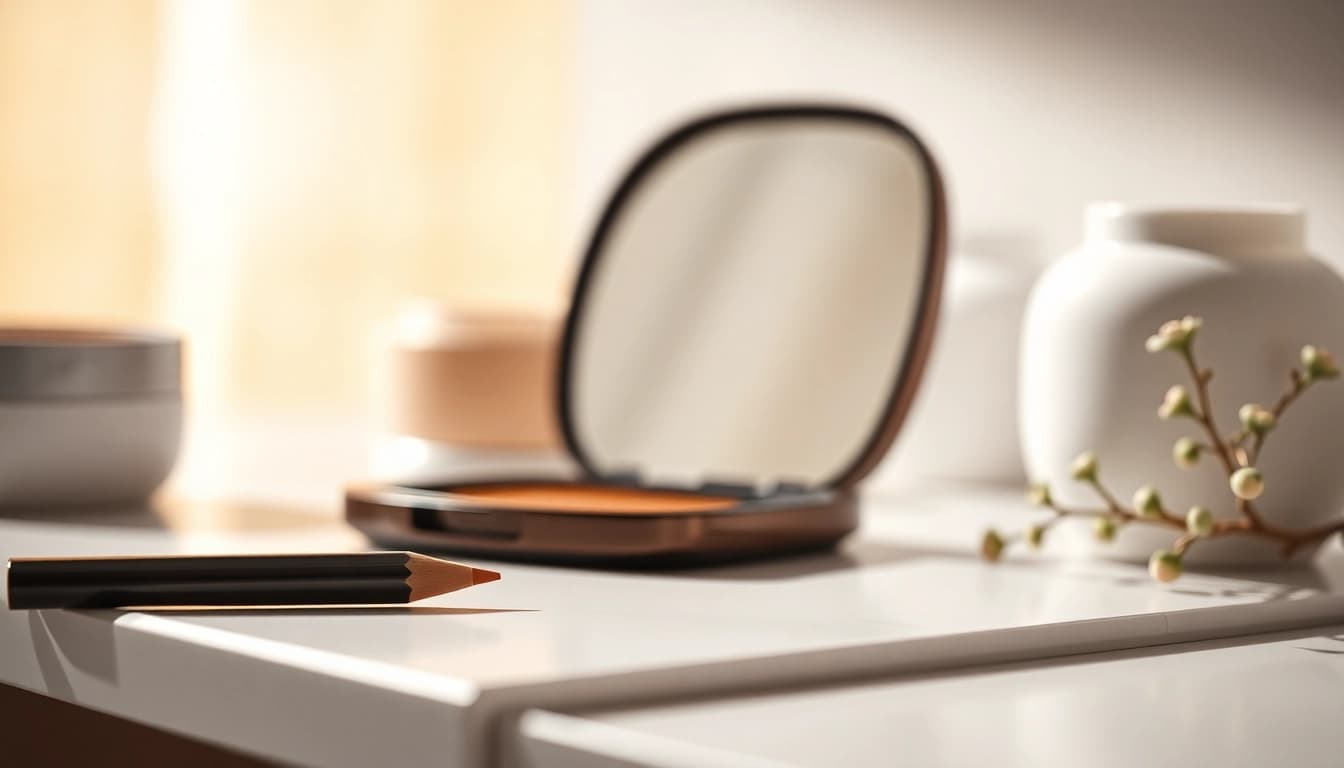 Apply eyebrow pencil light brown for flawless eyebrow definition in a bright, sophisticated setting.