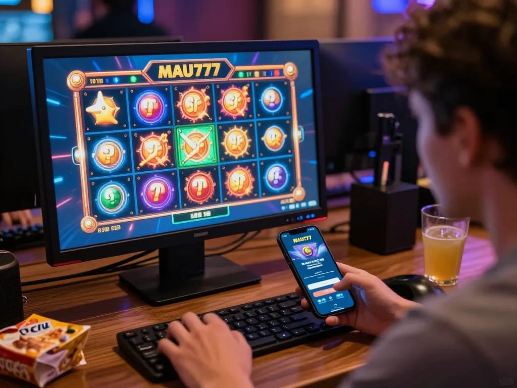 Bergabung dalam login MAU777 dengan aksi permainan slot yang berwarna-warni terlihat di layar, menunjukkan kegembiraan gaming online