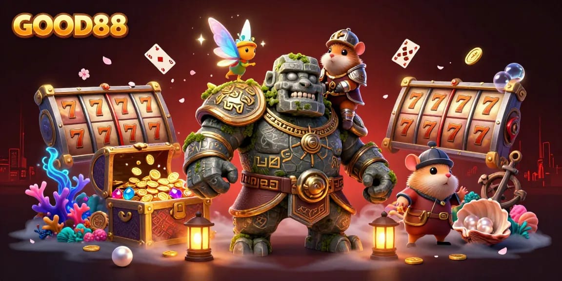 Experience the thrilling slots action with GOOD88's vibrant 3D casino world featuring magical characters.
