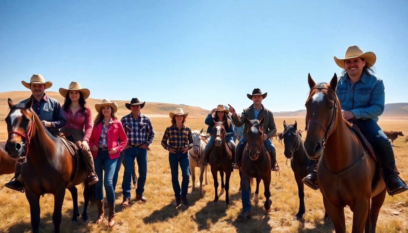 Showcase stylish ranch wear Canada in a vibrant, rustic ranch setting with dynamic activities.