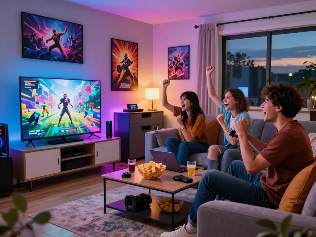 Tải go88 in a lively gaming party scene with friends enjoying their favorite games.