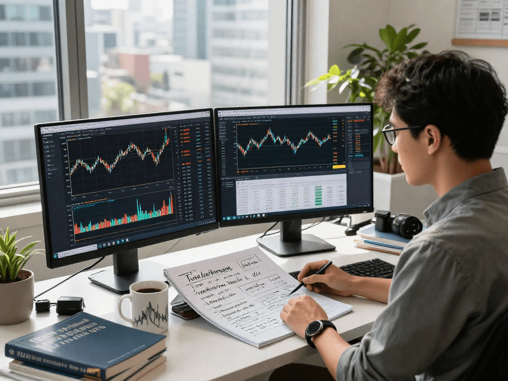 Japan stock backtesting API interface in a vibrant trading workspace with stock charts and developer tools.
