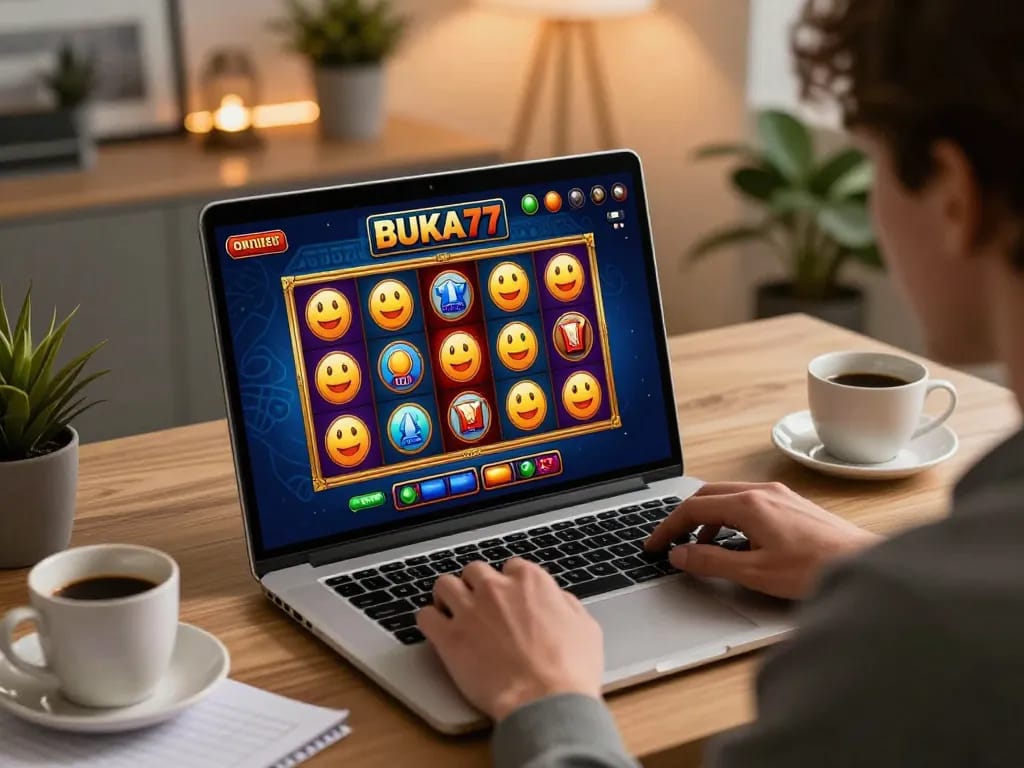 Engaging player enjoying BUKA77 SLOT on a laptop, showcasing vibrant game graphics.