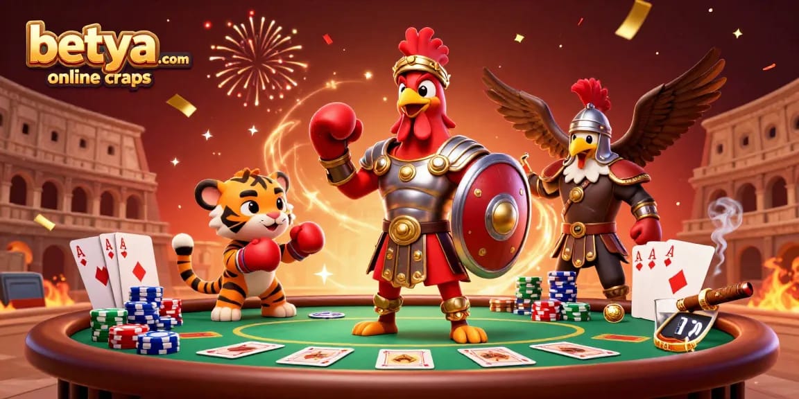 Engage with betya.com online craps; a 3D scene featuring a gladiator rooster and poker elements.