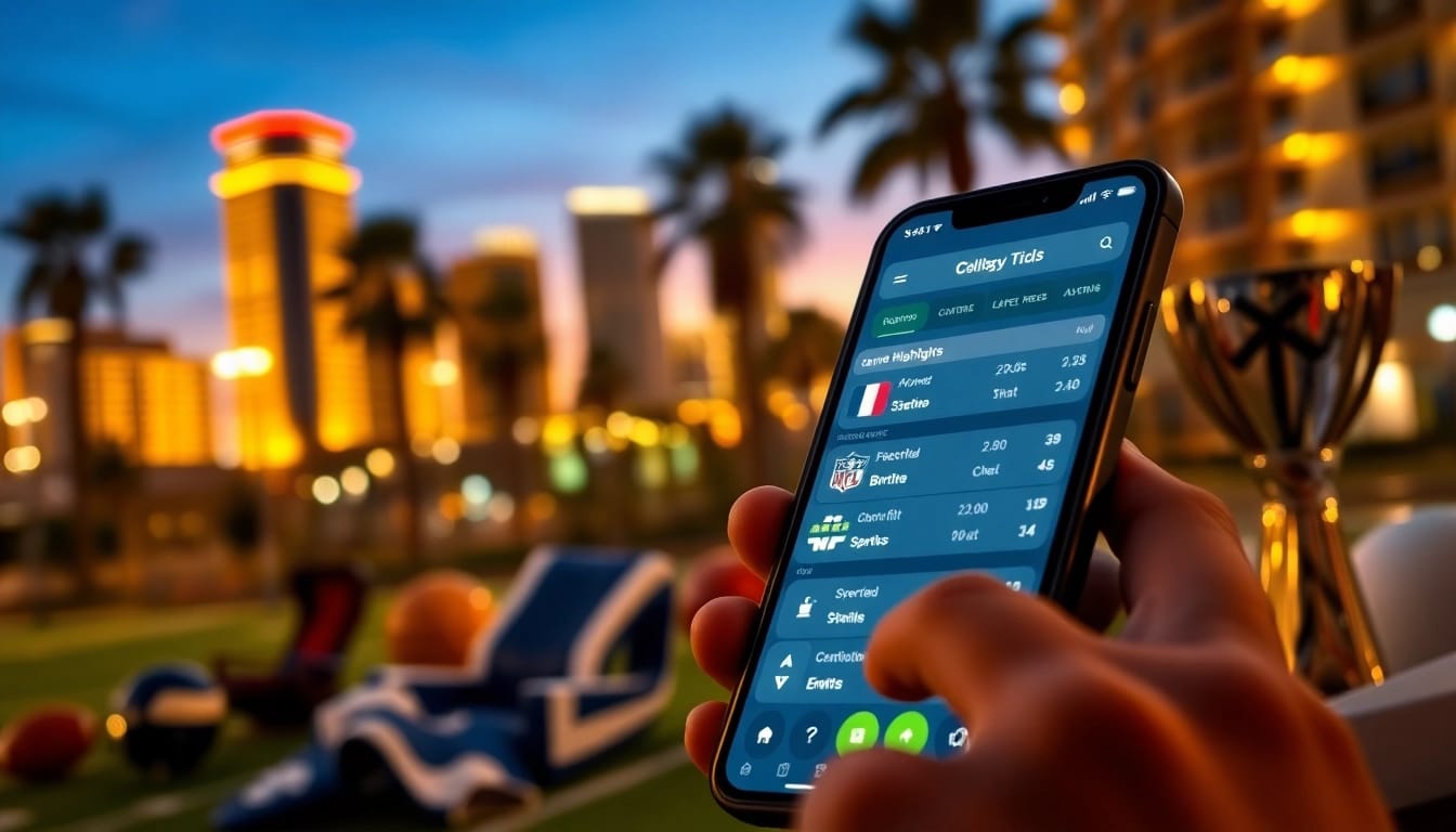 Engaging online sports betting California experience with a user on a mobile app amidst a vibrant skyline.
