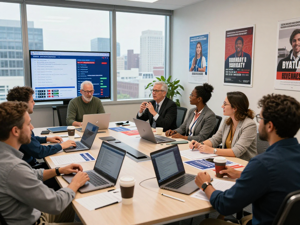 Political Facebook ads agency team strategizing in a modern office.