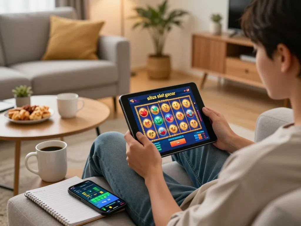 Engaging with a situs slot gacor on a tablet while enjoying a cozy home environment.