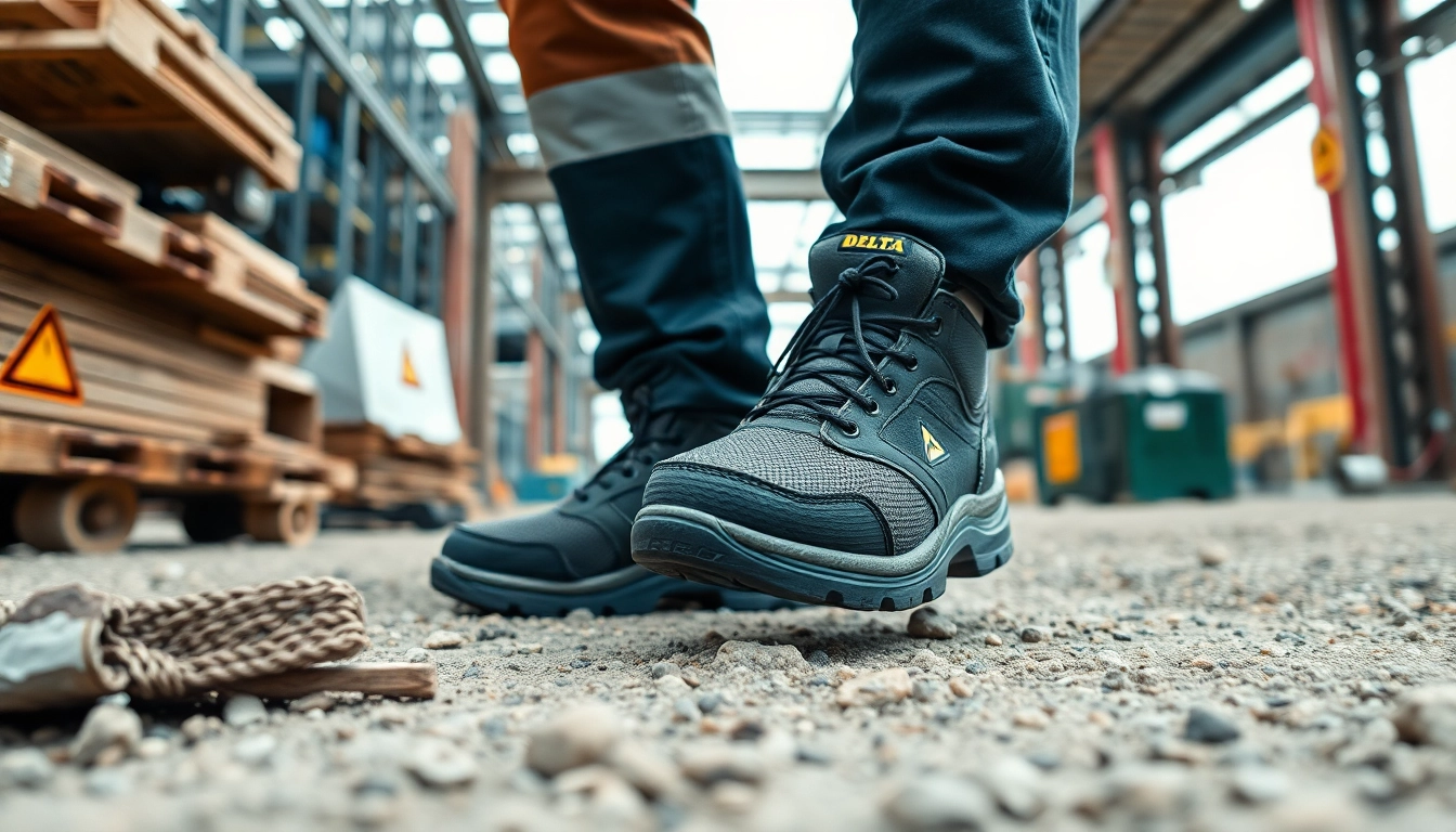 Worker inspecting materials with delta plus safety shoes on-site