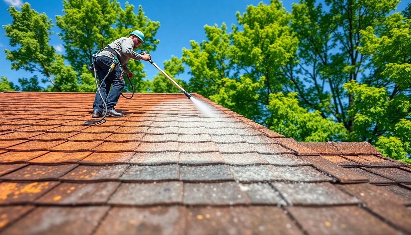 Roof cleaning service showcasing a technician using eco-friendly methods to remove algae from a residential roof.