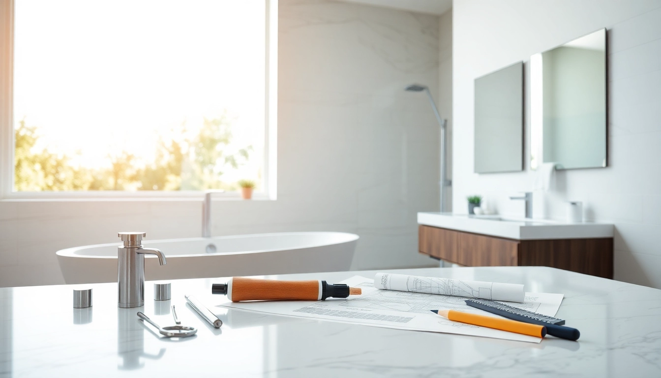 Bathroom remodeling contractors actively working on a beautifully renovated space.