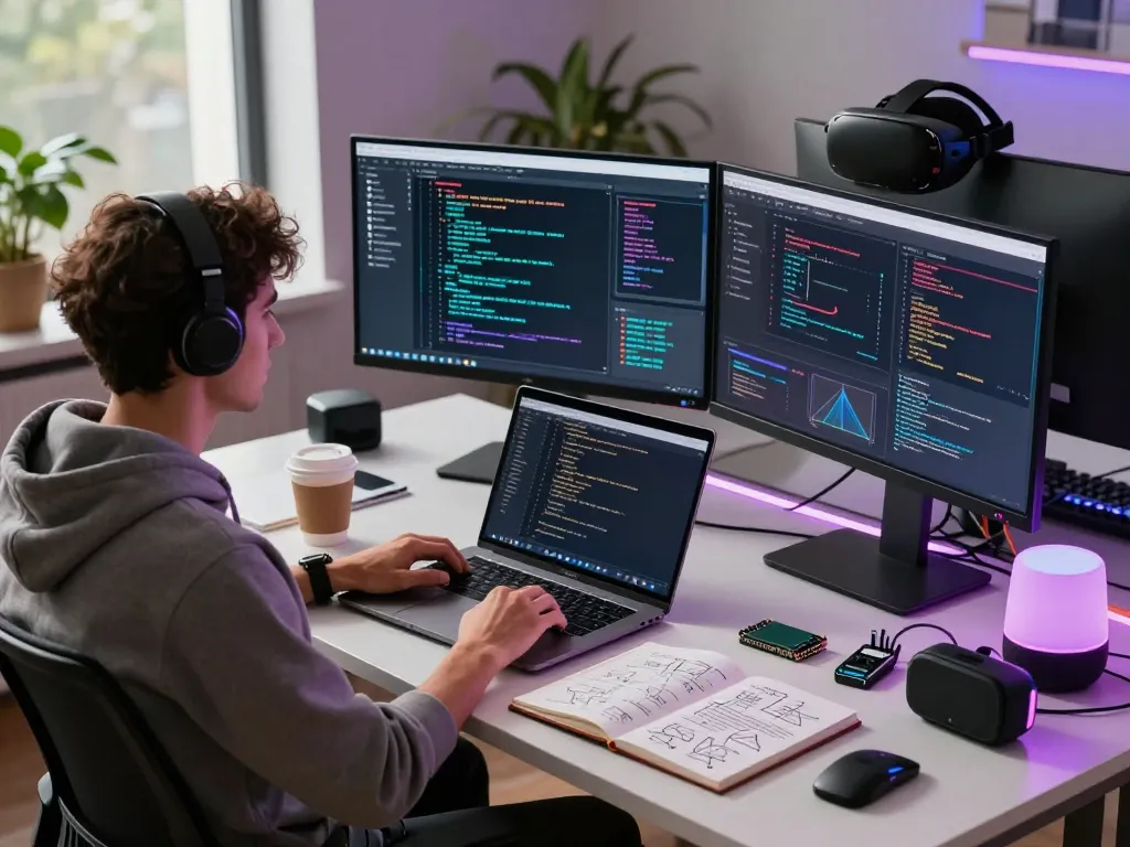 AI development workspace featuring engineer coding with algorithms on multiple screens related to ia +18 technology.