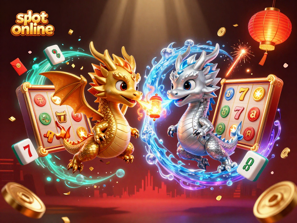 Engage with slot online action featuring fiery dragons, spinning slot reels, and festive decorations