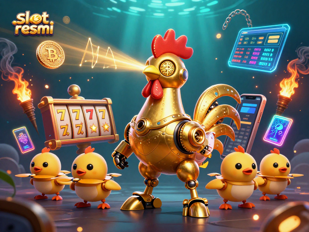 Engage in thrilling gameplay with slot resmi, featuring a futuristic rooster robot surrounded by crypto elements.