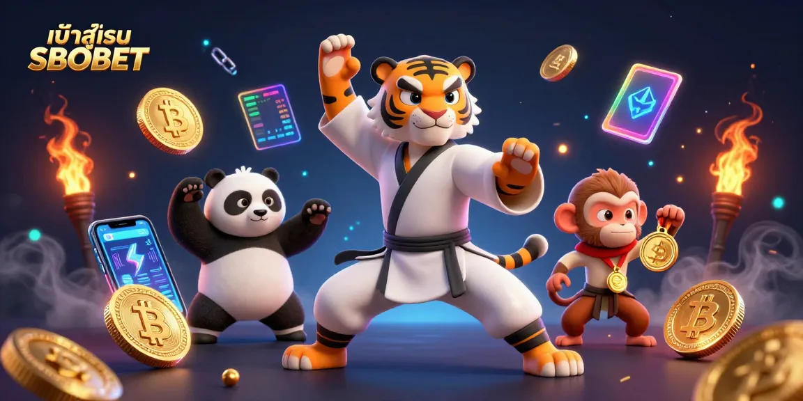 Engage with the vibrant scene featuring a kung fu tiger master, panda disciple, and mischievous monkey student highlighting the importance of เข้าสู่ระบบ SBOBET for secure online gambling.