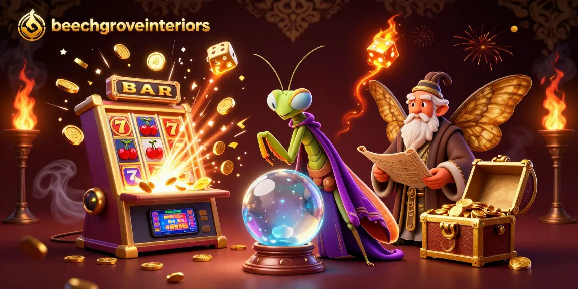 Beechgroveinteriors showcases a vibrant casino scene with a praying mantis fortune teller and a moth librarian surrounded by gaming elements.