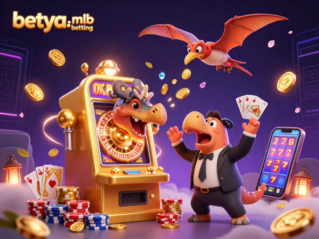 Experience betya.com mlb betting with a thrilling scene of cartoon dinosaurs at a jackpot slot machine.