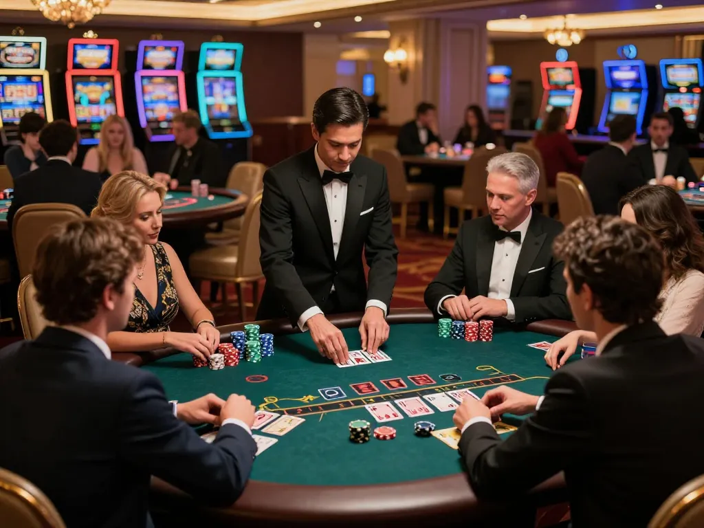 Players engaged in an intense game of blackjack at 58win casino table, showcasing competitive spirit and luxury.
