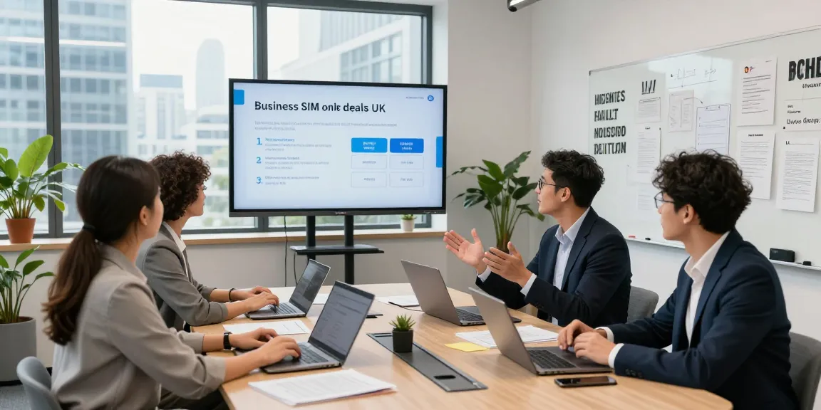 Team collaboration discussing business SIM only deals UK in a modern office.