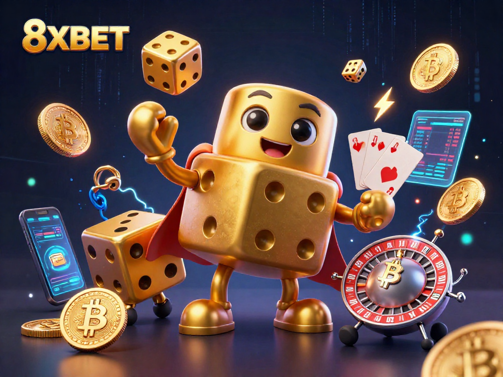 Engage with 8XBET's vibrant casino and crypto scene showcasing dynamic gambling elements and exclusive branding.