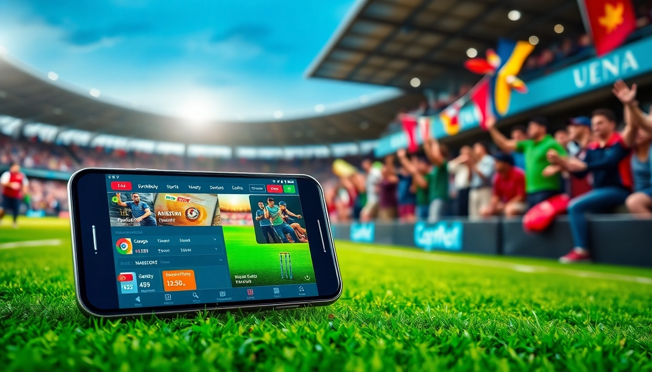 Engaging smartphone interface showcasing online sportsbooks India amidst a lively sports event backdrop.