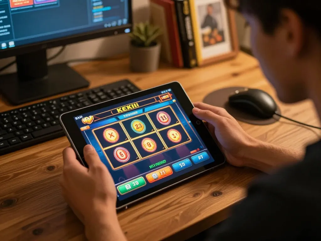 Engaging with online slot bet kecil game on a tablet in a cozy home environment.