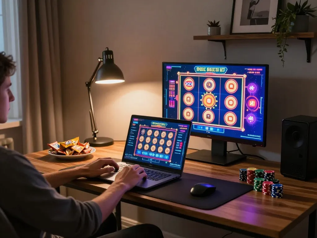 Engaging in online slots at Canada online casinos reddit with a cozy home office setup.