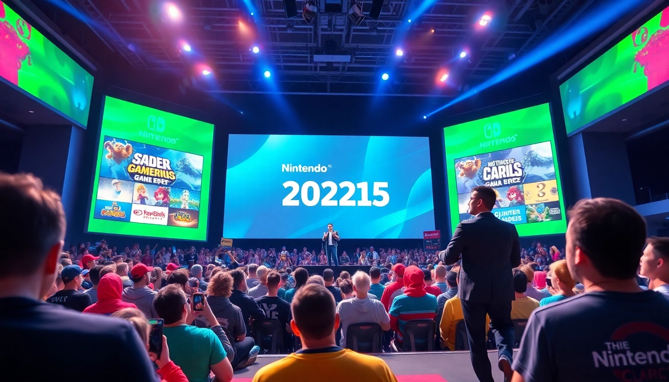 Highlighting Nintendo Direct 2025 announcements with a dynamic gaming event atmosphere.