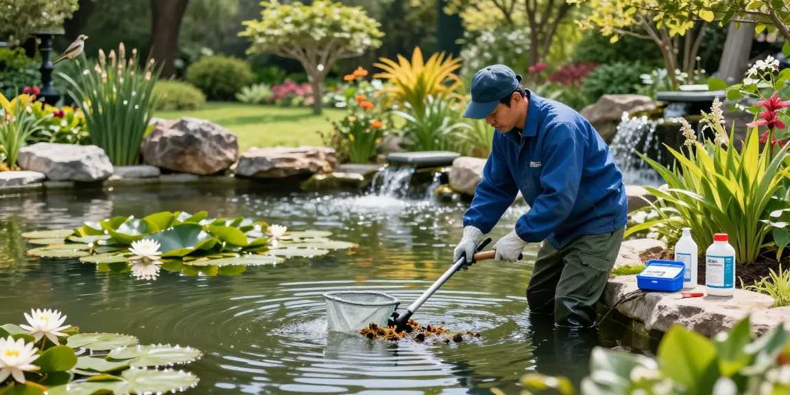 Professional Pond Cleaning London expert removing debris from a serene garden pond, surrounded by water lilies and vibrant greenery.