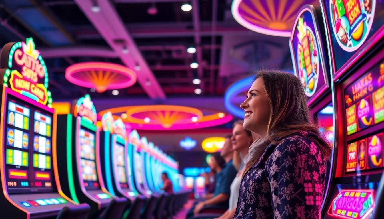 Menangkan permainan slot online di kasino dengan mesin slot berwarna-warni dan suasana ceria.