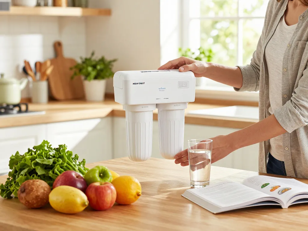 AQUA CREST 644845 Refrigerator Water Filter Replacement for Bosch® Ultra Clarity® 11034152 being installed in a bright home kitchen, emphasizing healthy living.