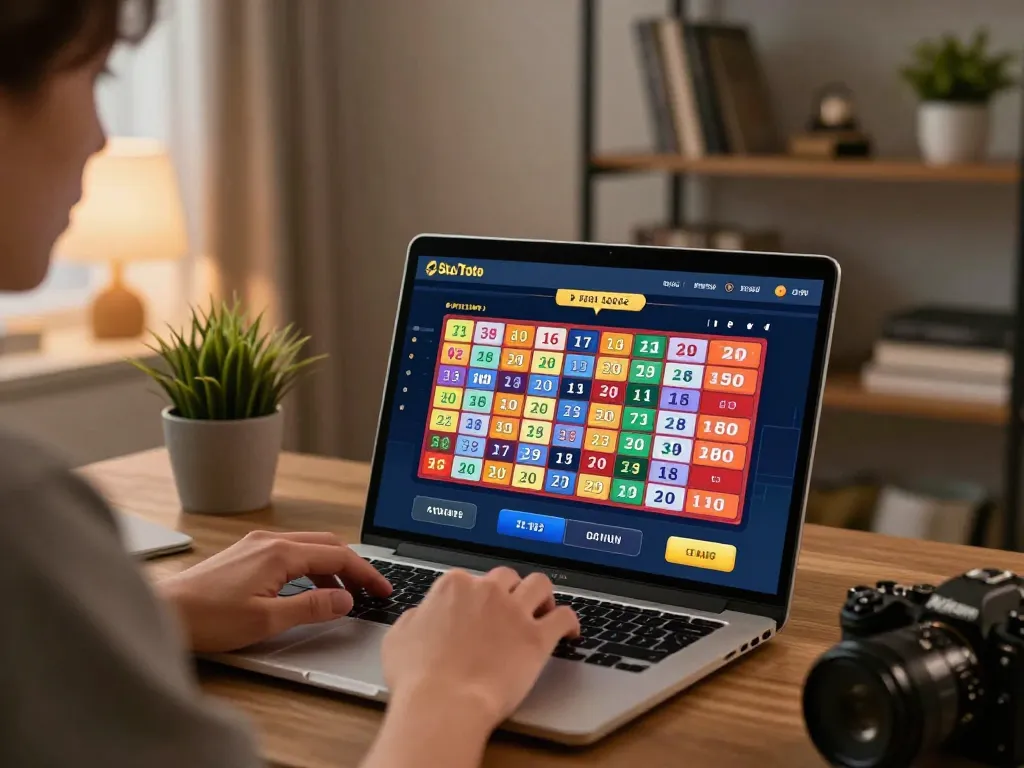 Situs Toto Macau online gaming session displayed on a laptop in a modern home environment.