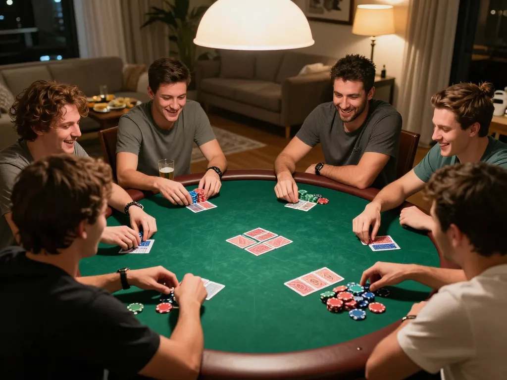 FAFA 828 players engrossed in a thrilling home poker game, showcasing lively competition and strategy.