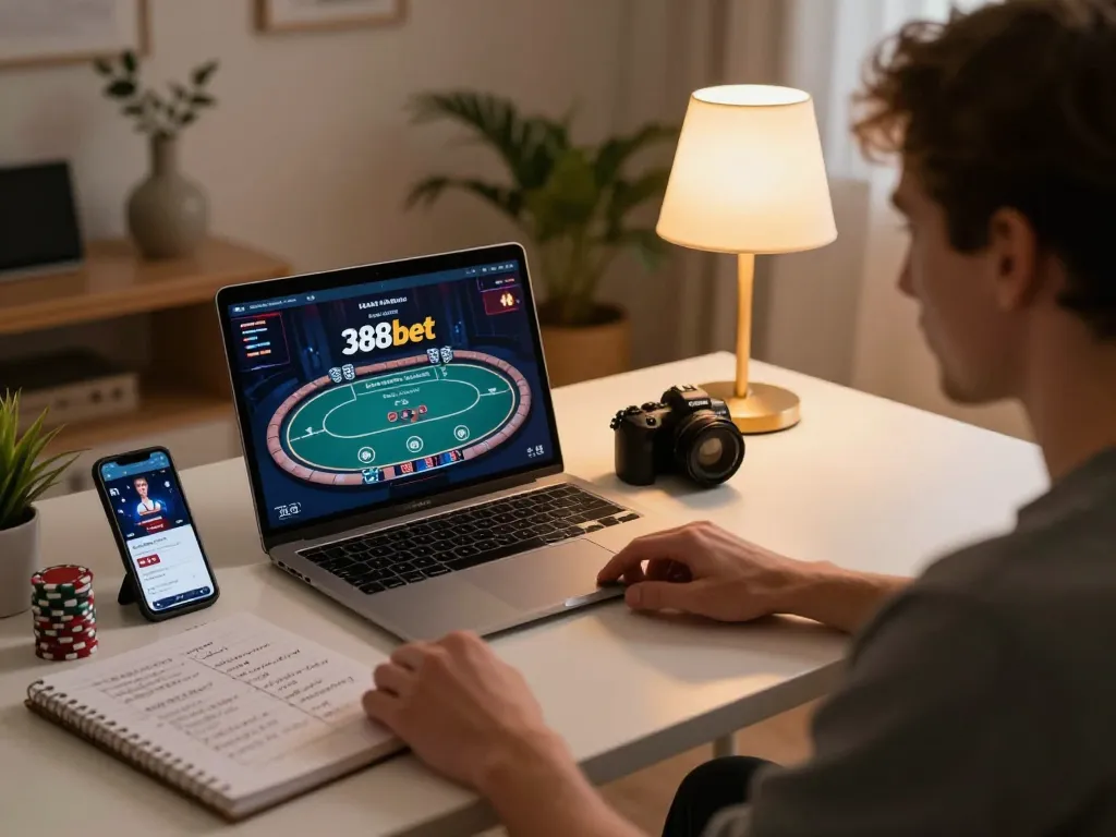 Engaging user playing poker on 388bet website with laptop and smartphone setup