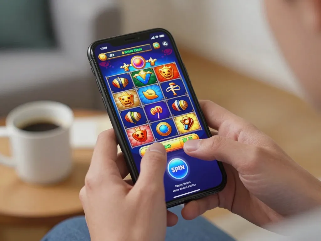 Engaging online slot game experience with link hargatoto on smartphone screen, illustrating player excitement.