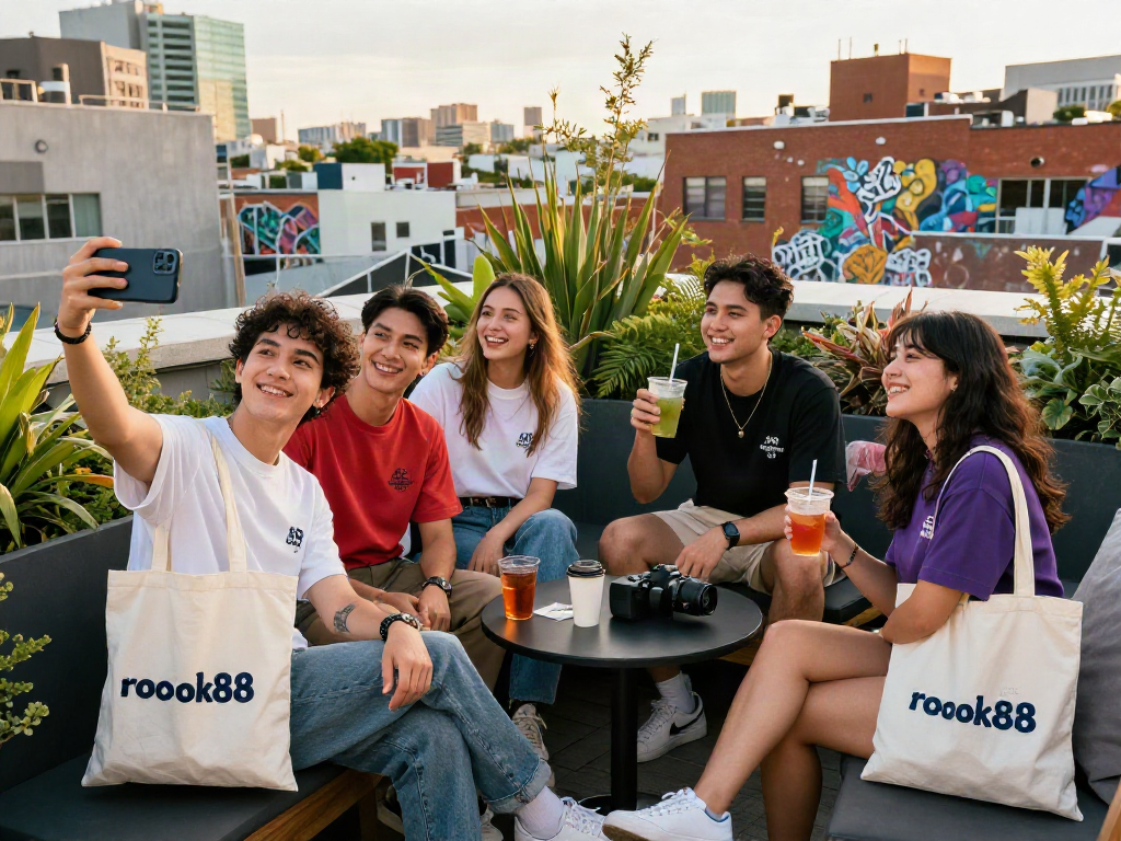 Group of friends enjoying stylish rokok88 merchandise in an urban rooftop setting.