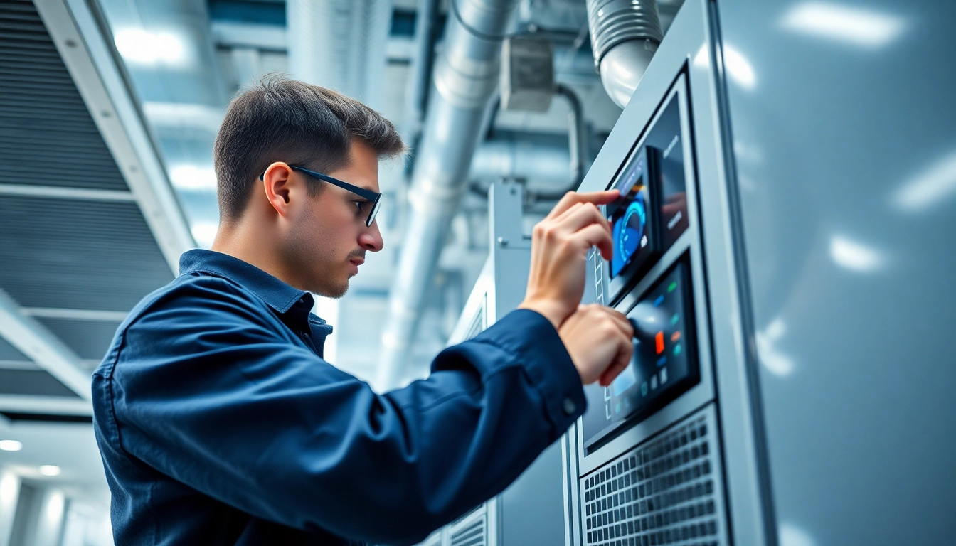 Technician working on Trane Canada HVAC system emphasizing energy efficiency and technology.