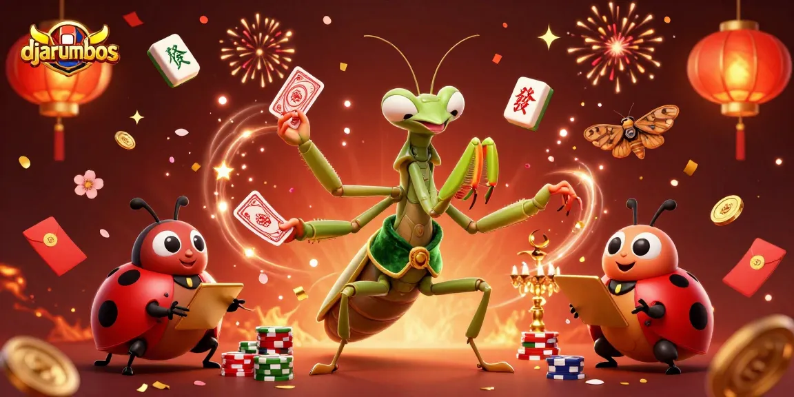 Engage in thrilling gameplay with djarumbos as the mantis card sharp shuffles chips and deals cards amidst vibrant casino elements.