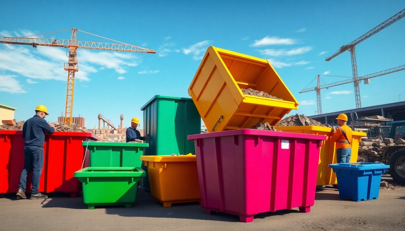 Efficiently loading roll off bins at a construction site showcasing colorful varieties.