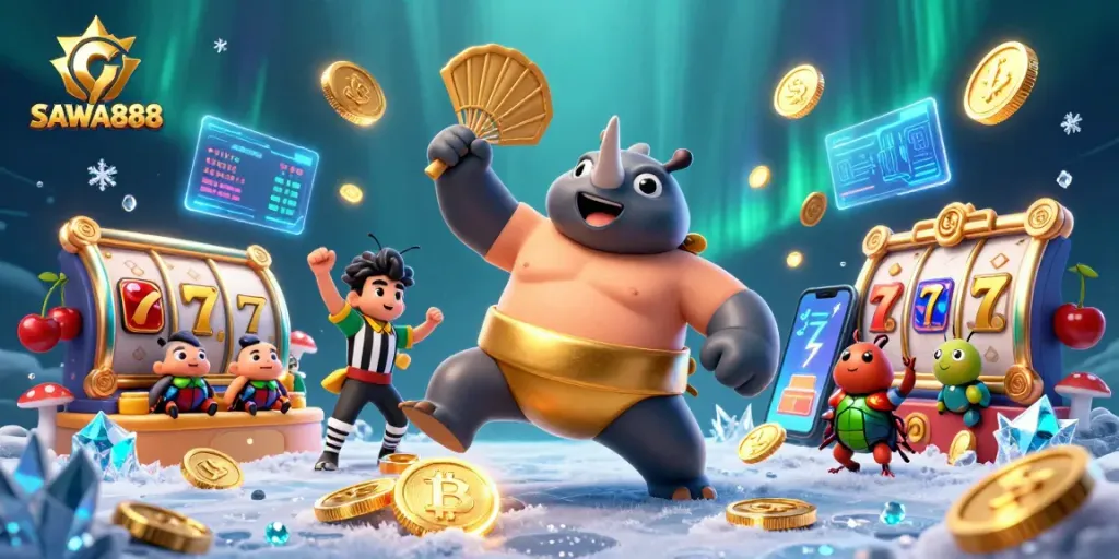 Experience winning spins at SAWA888 with vibrant 3D casino elements and engaging characters.