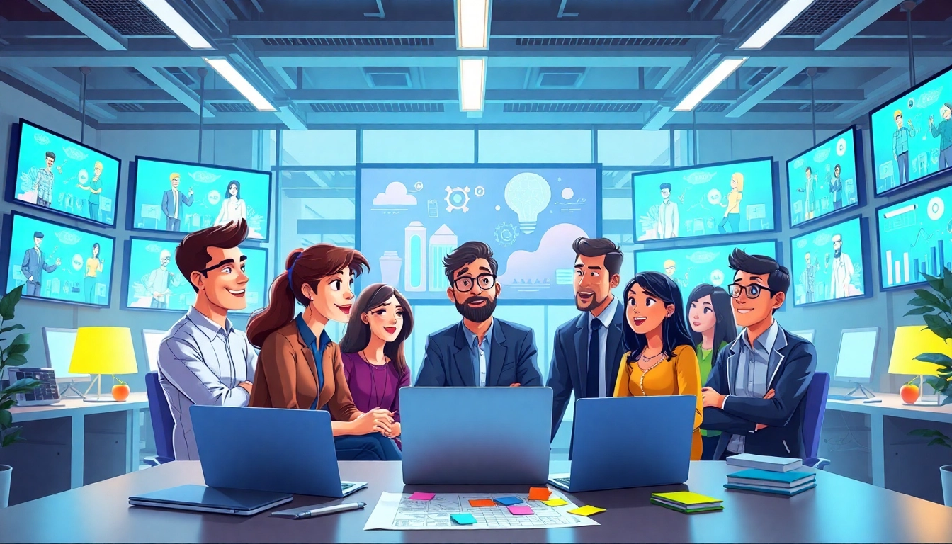 Corporate animation illustrating creative teamwork in a modern office setting.