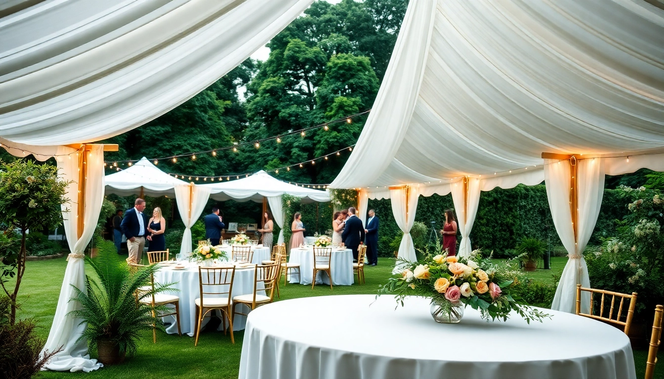 Guests enjoying Party Tent Rentals for a stylish outdoor wedding celebration.