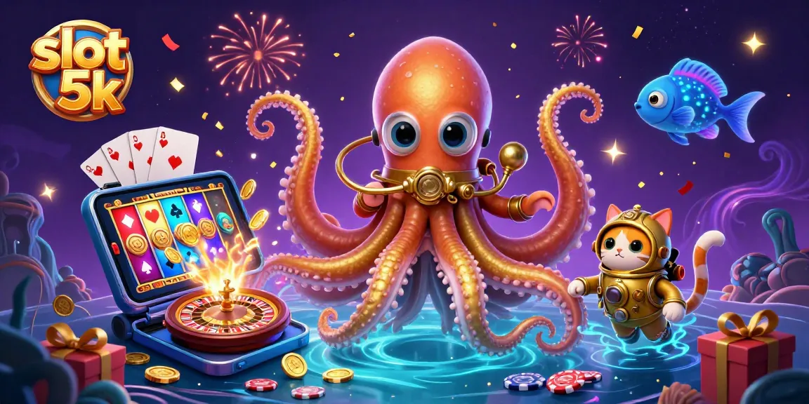Spin and win big with slot 5k, featuring dynamic illustrations of a kraken and diving cat in a colorful casino scene.