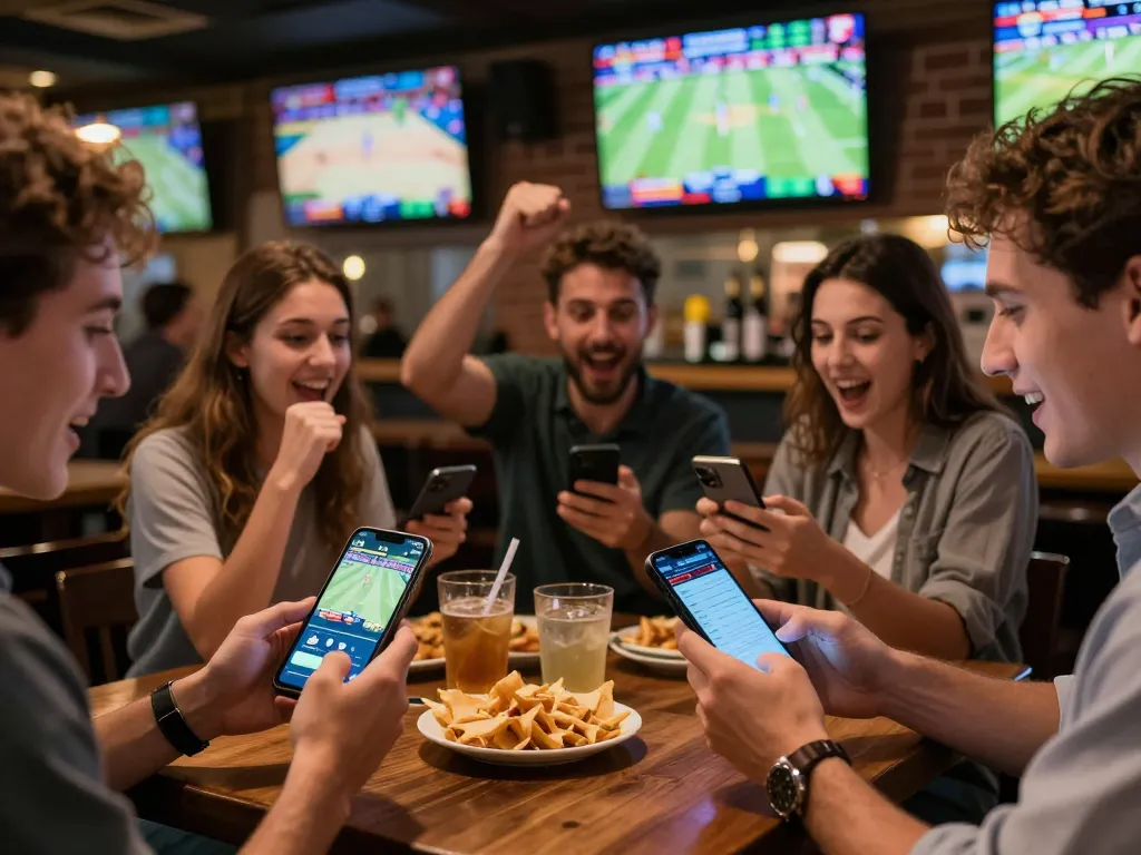 Exciting sports betting scene with friends placing bets on 789bet during live games.