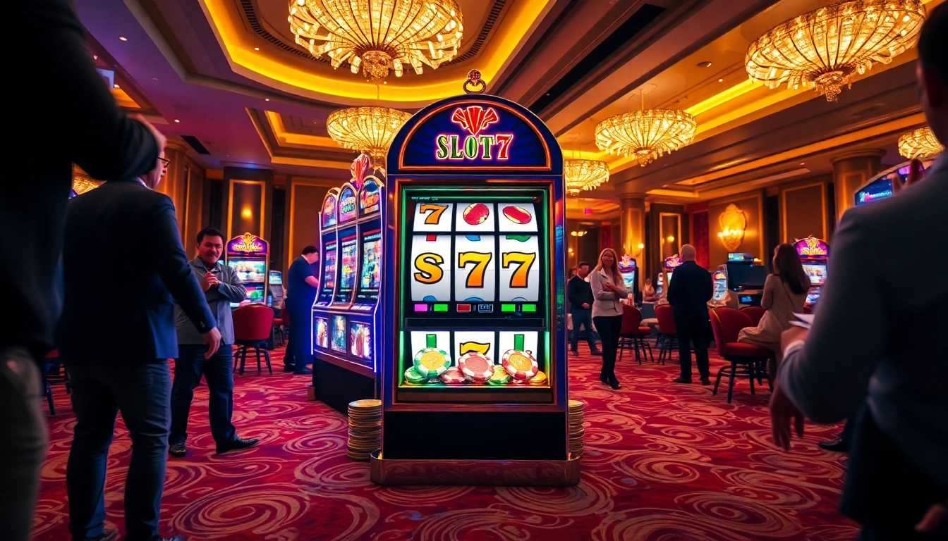 Slot77 menarik dengan mesin slot dan pemain bersemangat di kasino.