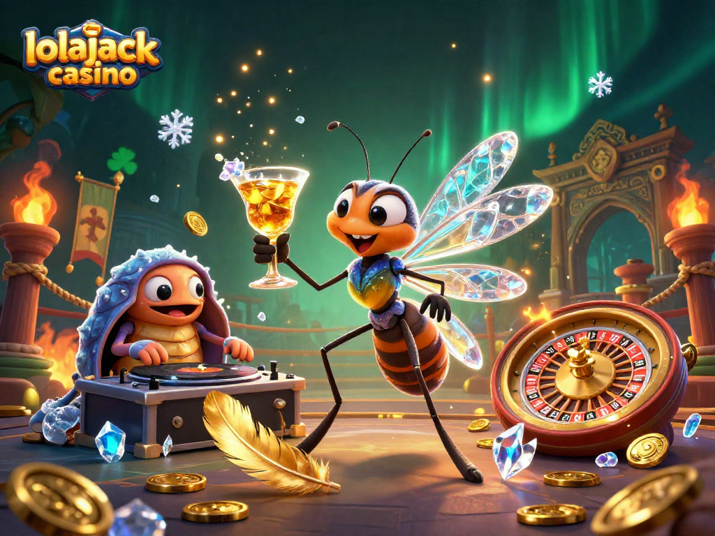 Engage with lolajack casino through a vibrant 3D illustration of a unique casino scene featuring lively characters.