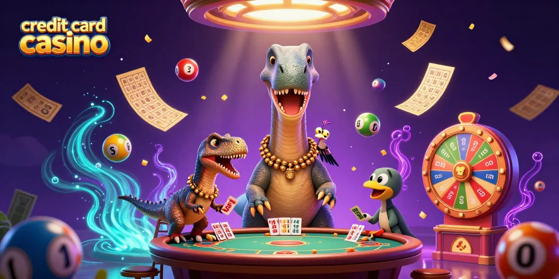 Engage with the action at this vibrant credit card casino, featuring a giant brontosaurus and animated game elements.