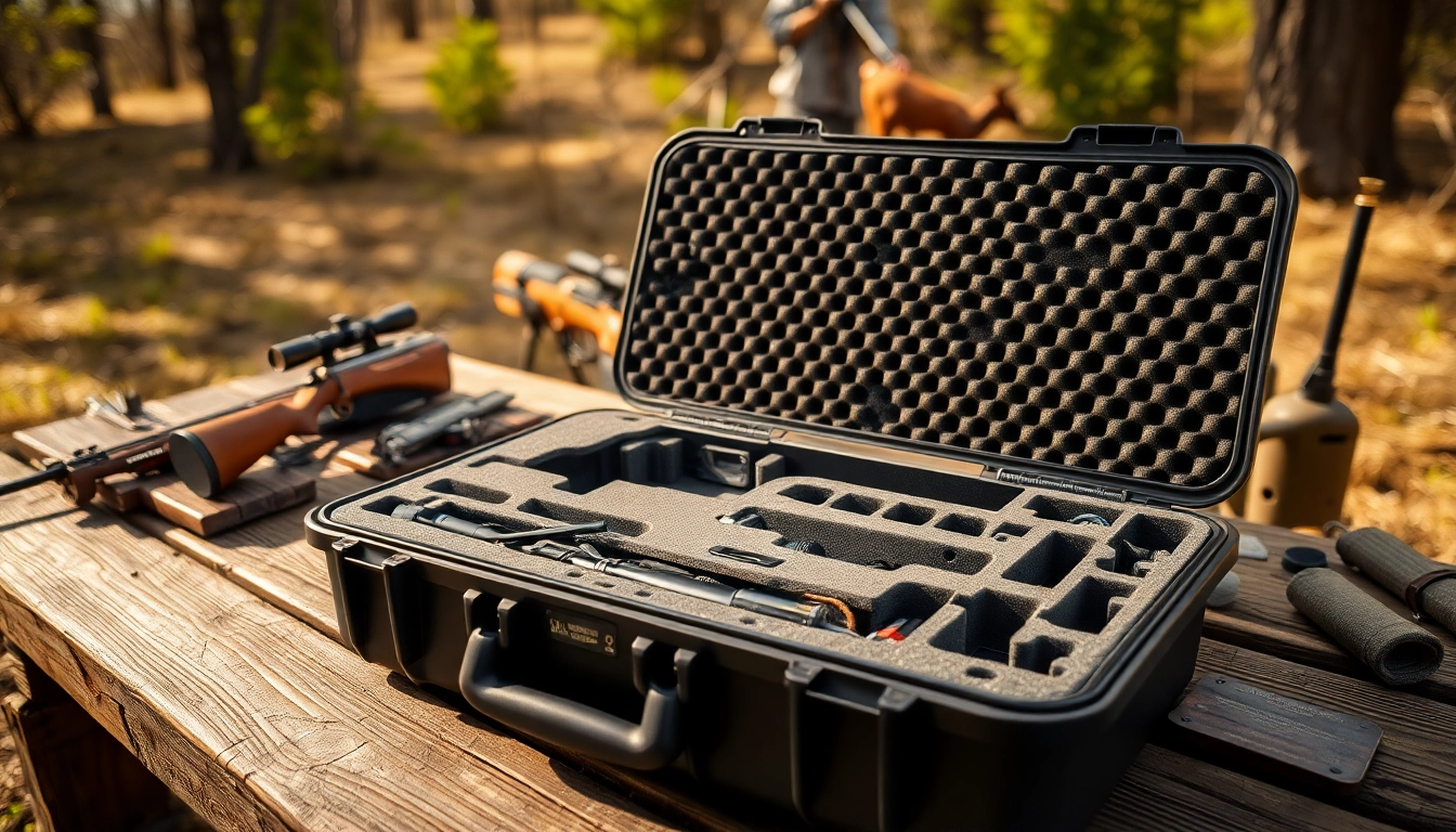 Foam for rifle case with custom compartments for equipment displayed on a wooden table.