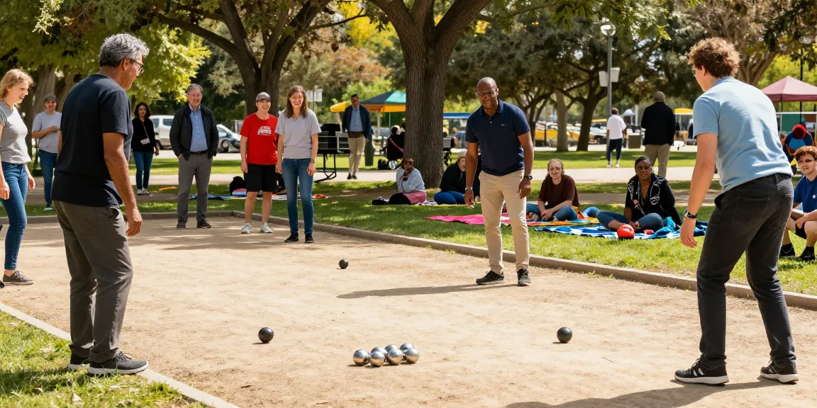 Permainan petanque di fopikotamakassar.org dengan suasana ceria di taman umum.